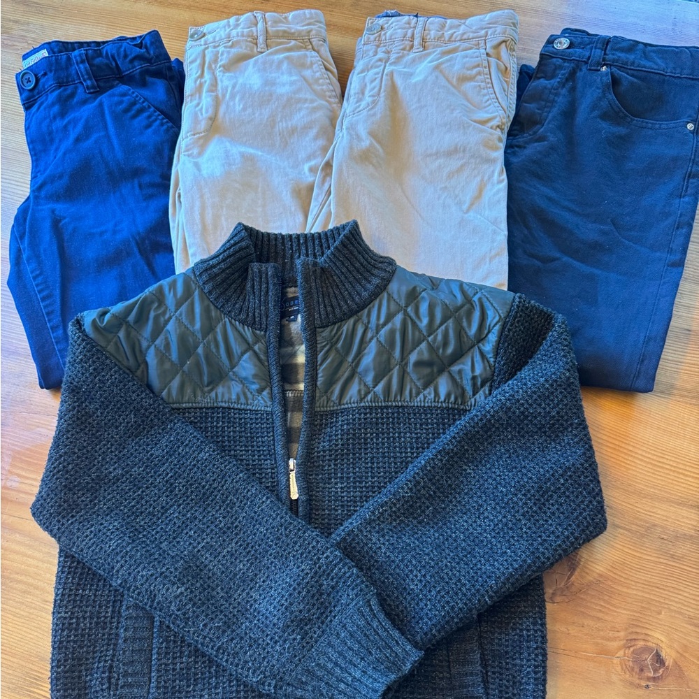 Boys size 10 bundle (4) pairs pants and a zip fleece sweater